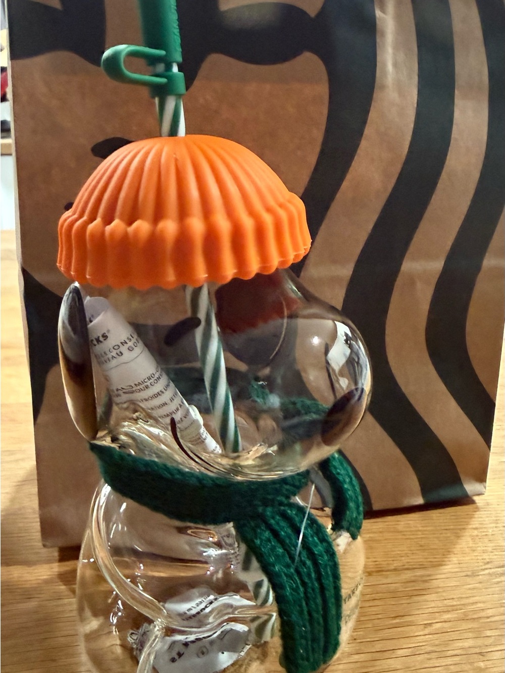 Starbucks Glass Snoopy with Orange Cap and Green Scarf cup